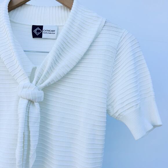 Cathcart London Sailor Top Blouse Ribbed Bow Tie Neck 6 White Cotton Silk - Picture 4 of 8